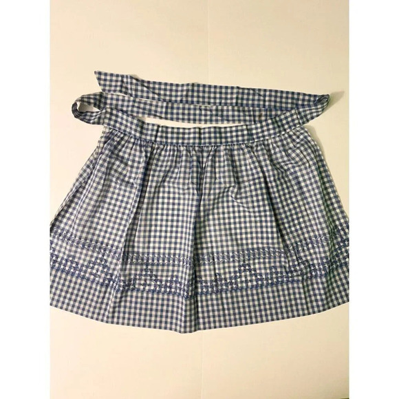Vintage Blue and White Checkered Half Apron One Pocket 19  Inch Long Tie Back - Picture 8 of 11